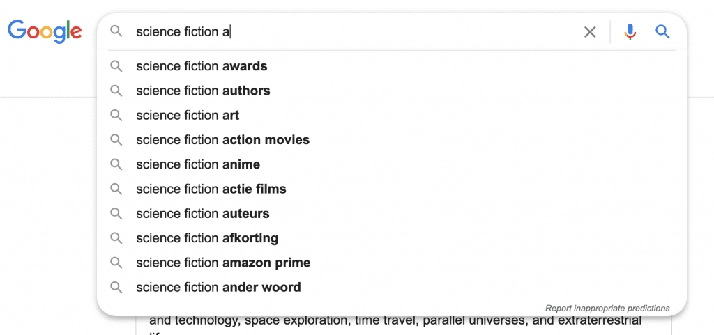 Sience fiction Google Suggestions example 2